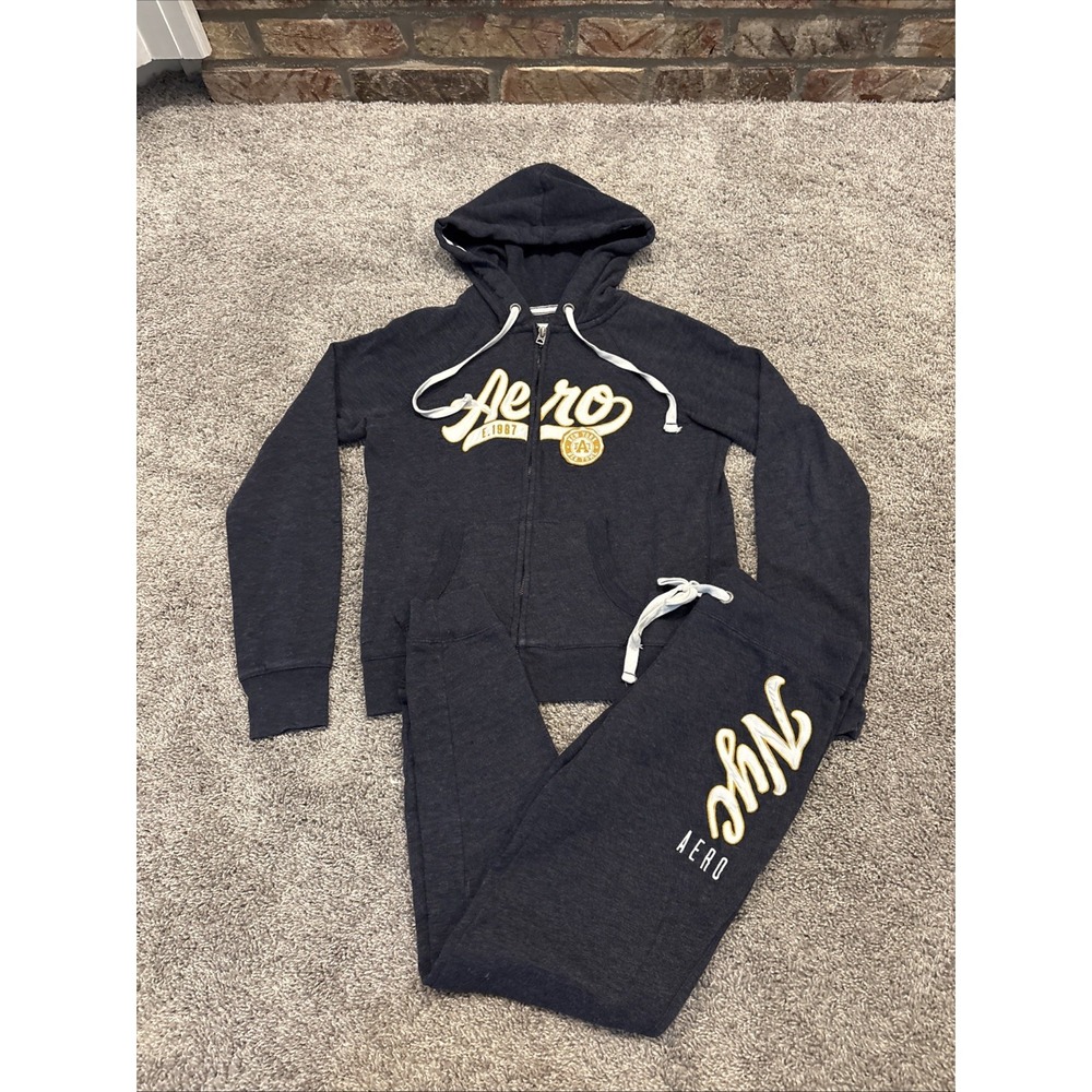 Set of Two Vintage Aero NYC EST 1987 Gray Full Zip Up Hoodie & Sweatpants XS